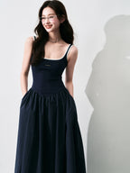 Contrast-Trim Backless Slip Maxi Dress