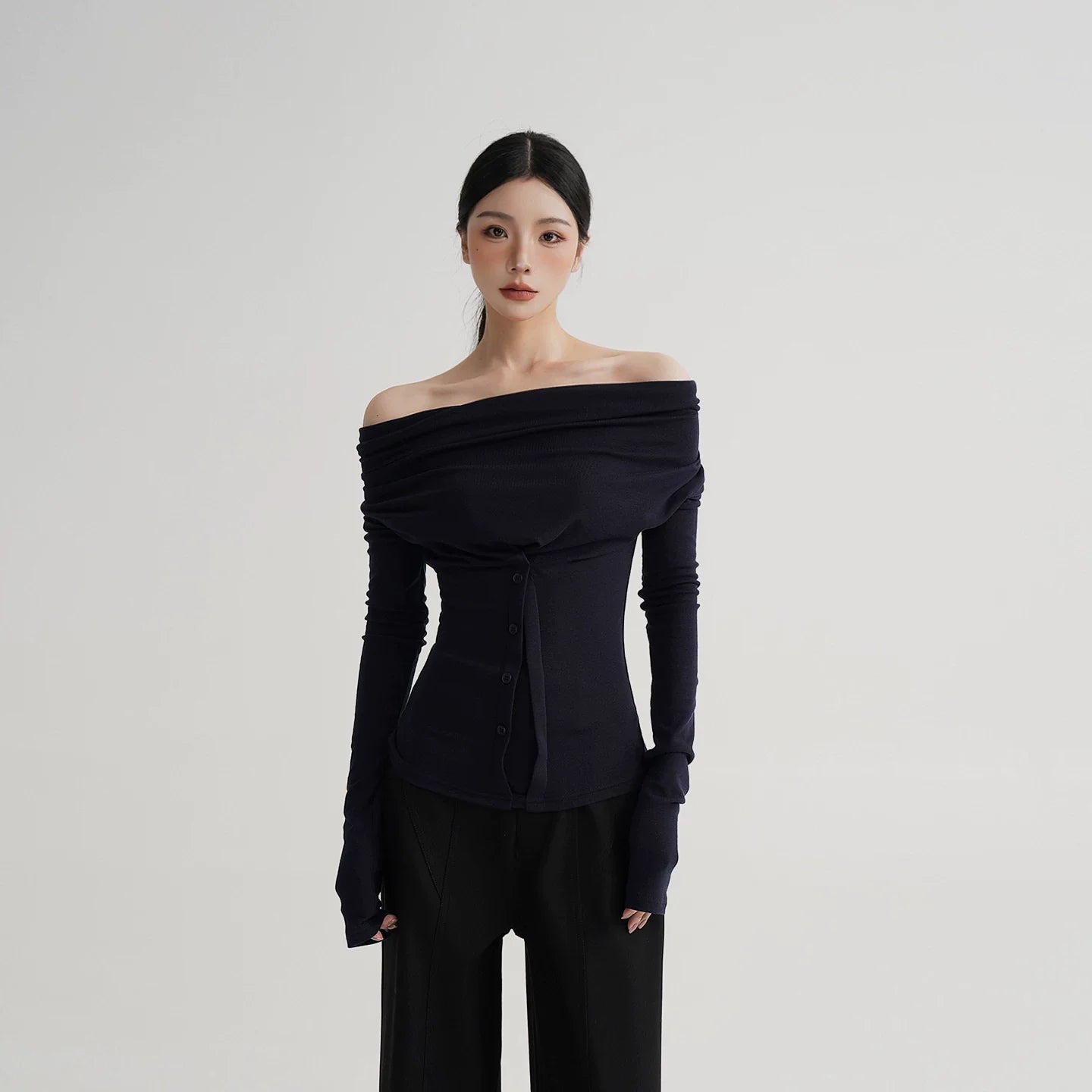 Neck Off-Shoulder Fitted Long Sleeve T-Shirt