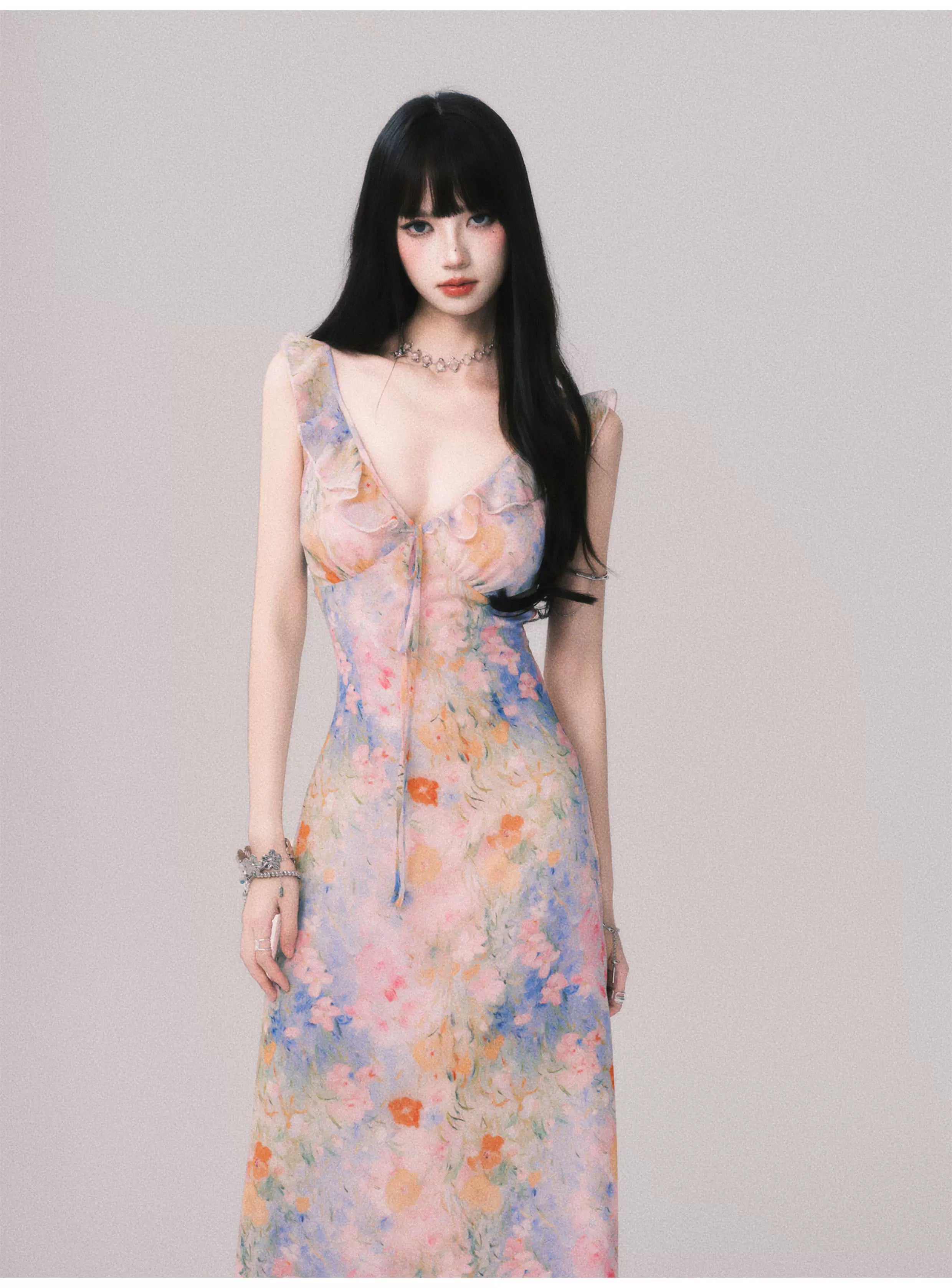 Floral V-Neck French Slip Maxi Dress