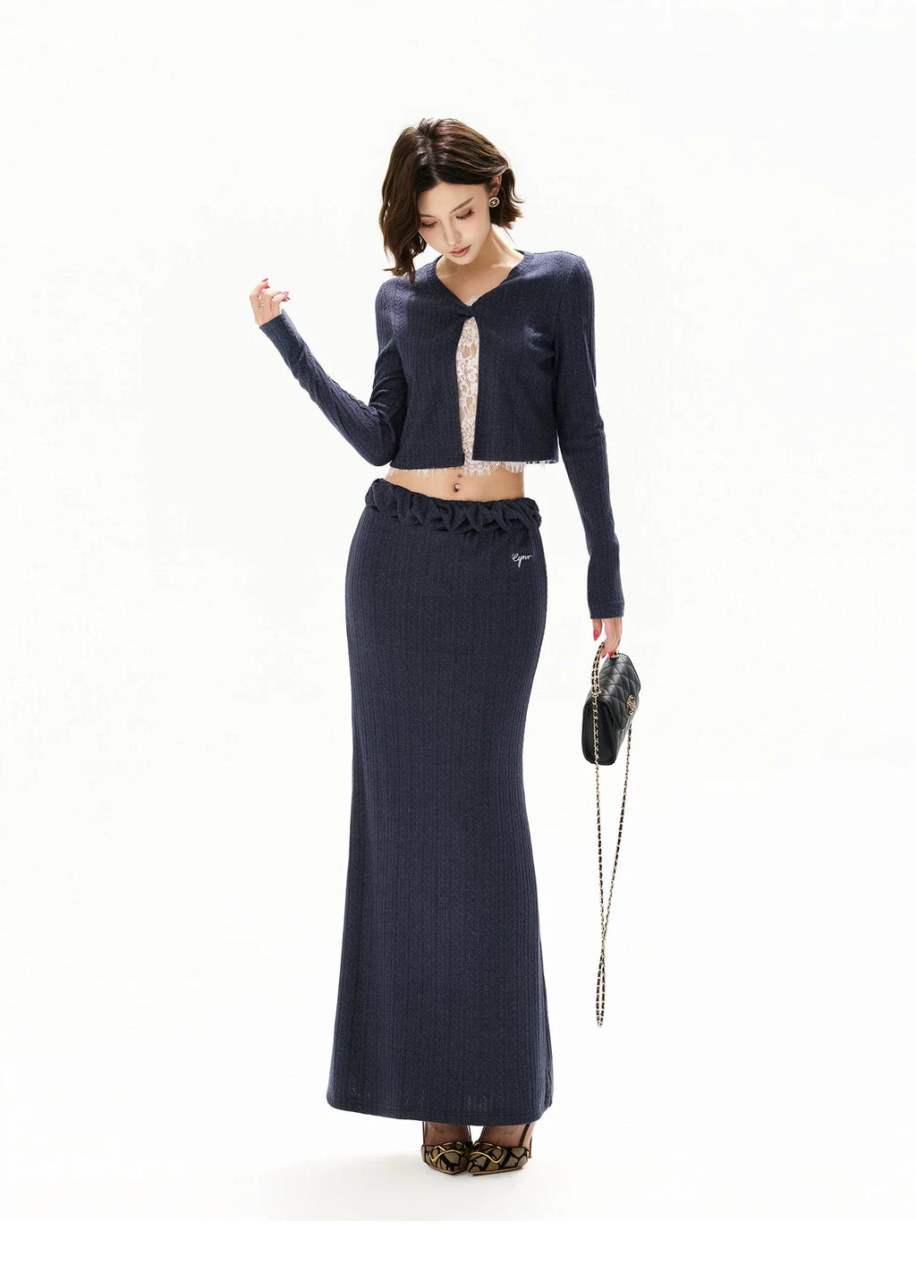 Navy Lace Panel Two-Piece Knit Set