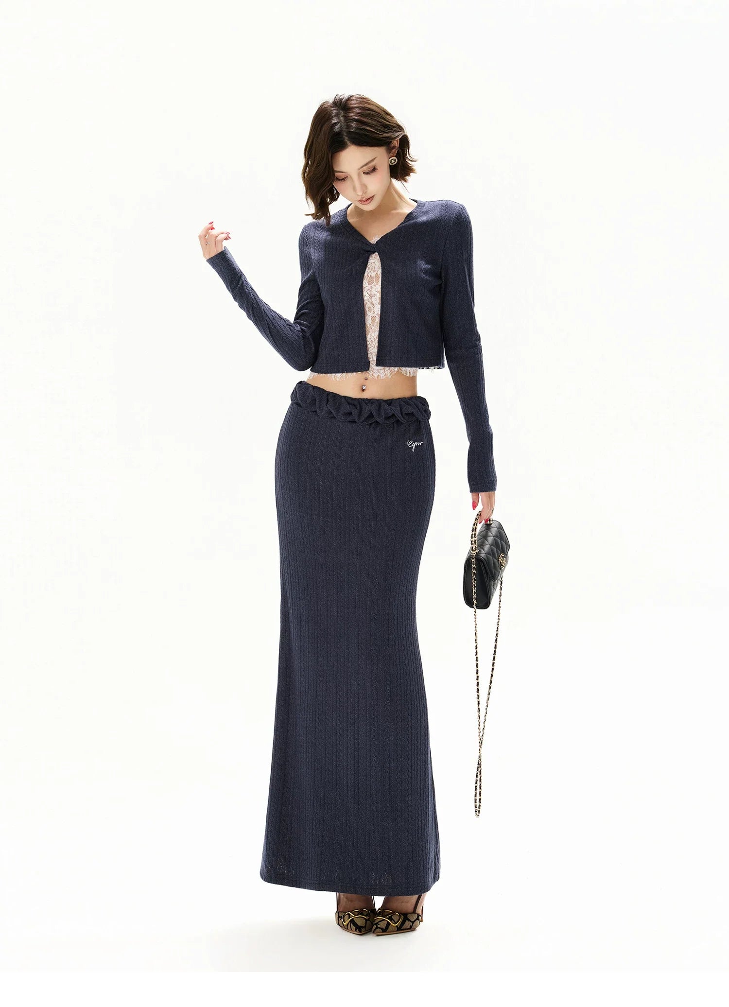 Navy Lace Panel Two-Piece Knit Set