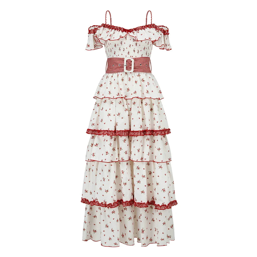 French Pastoral Floral Tiered Maxi Dress