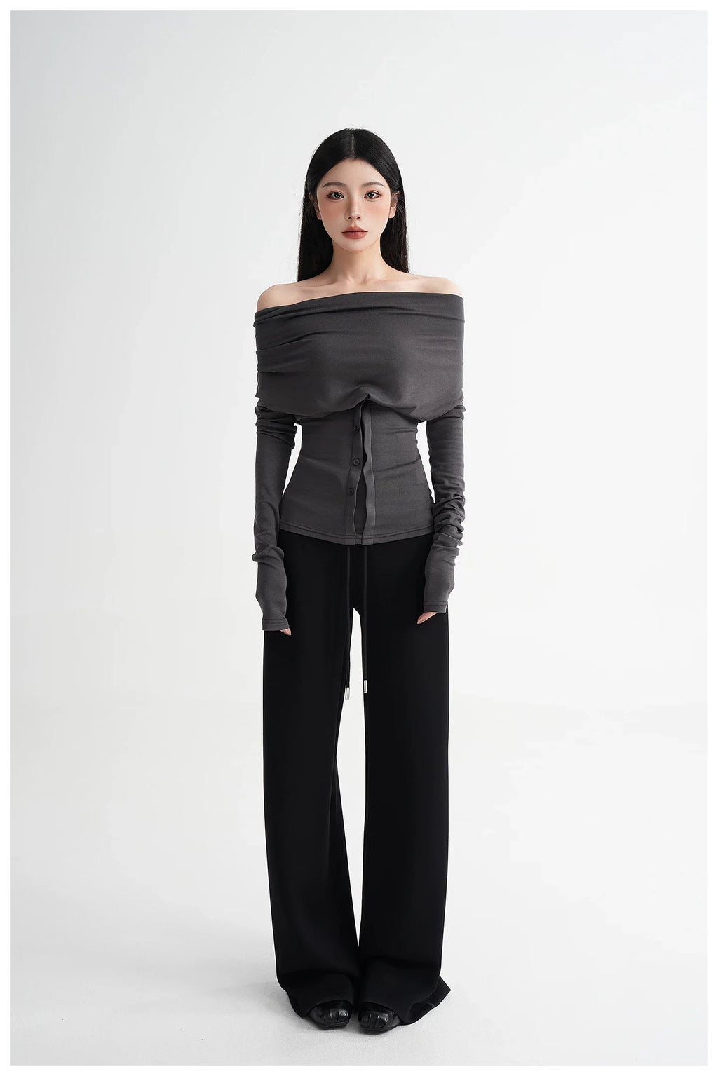Neck Off-Shoulder Fitted Long Sleeve T-Shirt