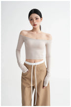 Off-Shoulder Cropped Fitted Long Sleeve T-Shirt