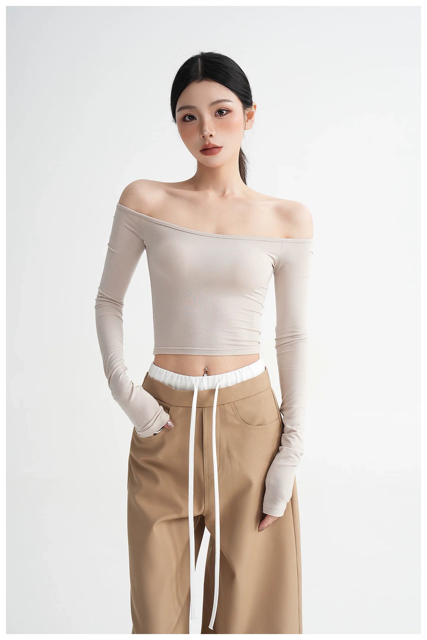 Off-Shoulder Cropped Fitted Long Sleeve T-Shirt