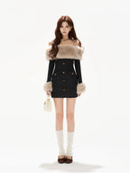 Off-Shoulder Fur-Trim Knit Mini Dress
