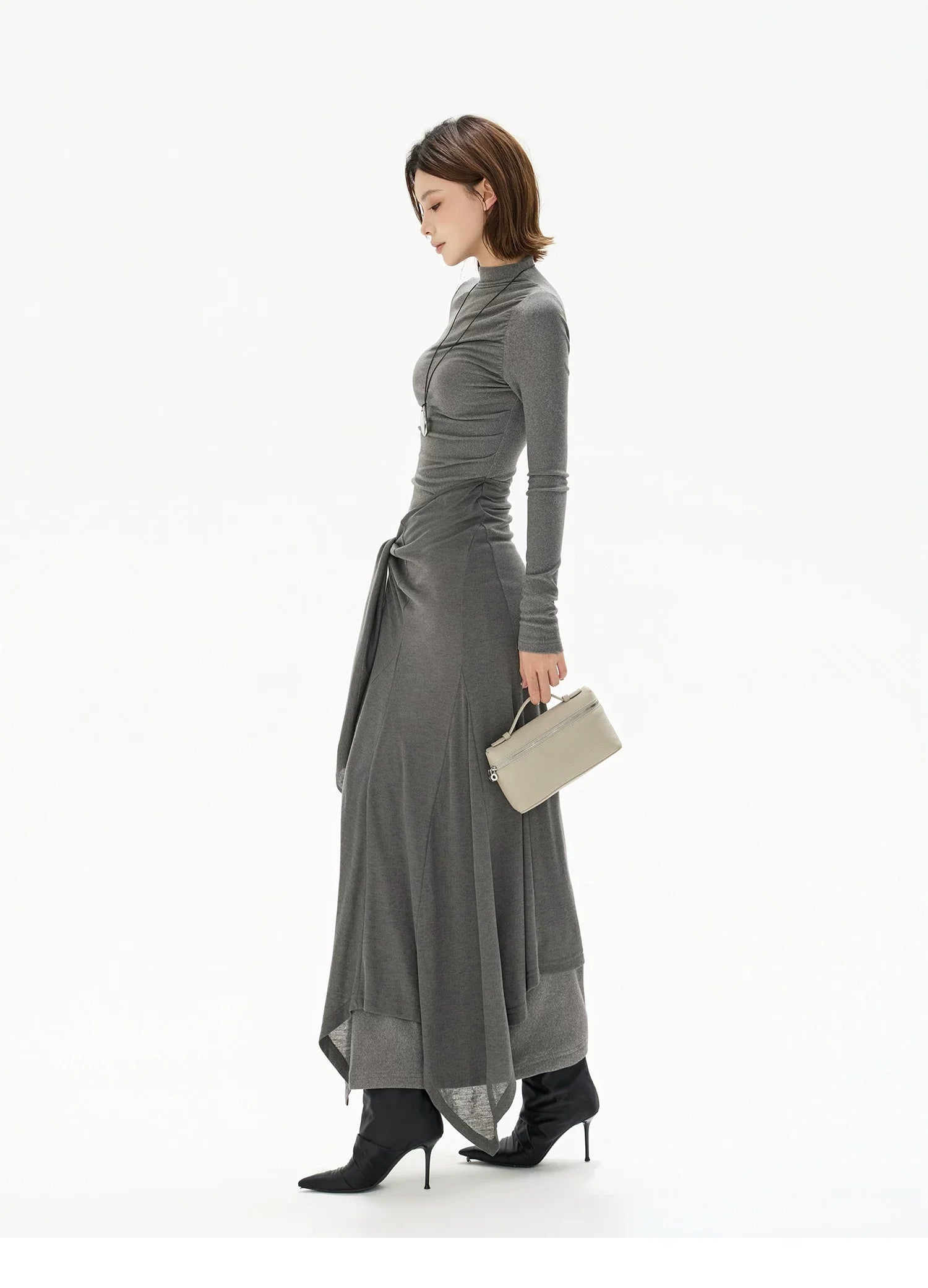 Half-High Neck Tie-Detail Knit Maxi Dress