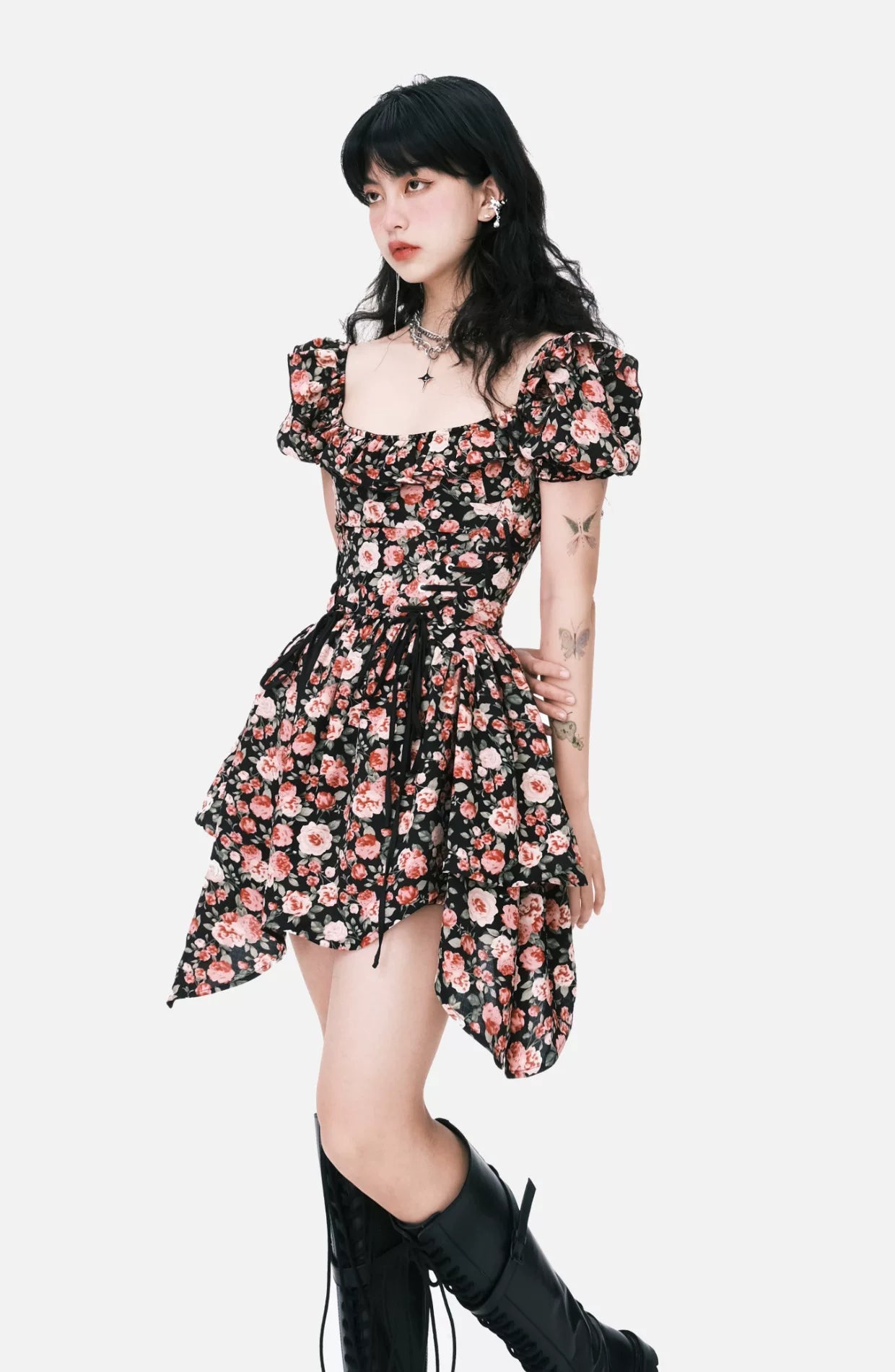Lace-Up Asymmetric Waist-Defined Dress
