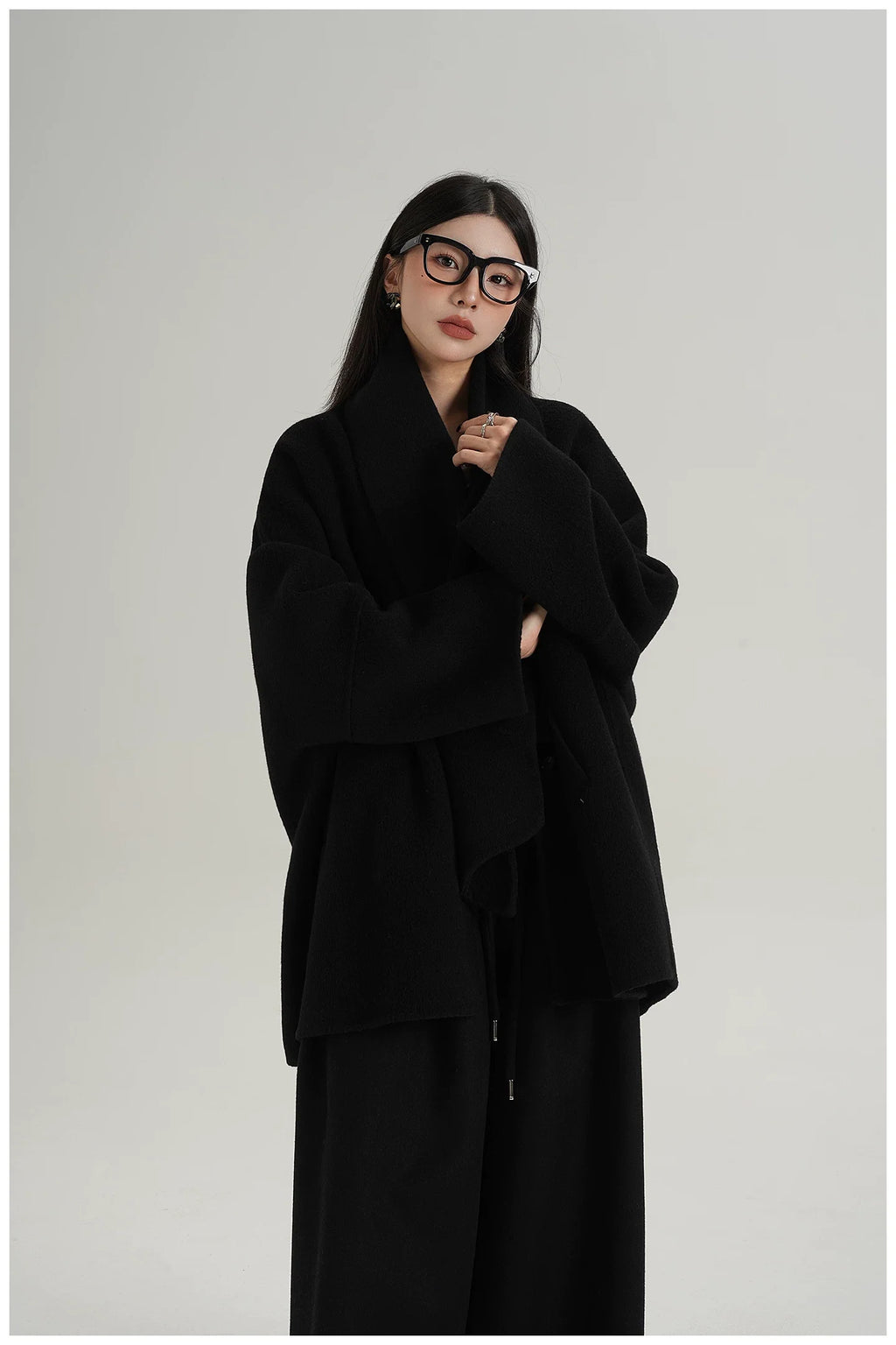 Scarf-Detail Mid-Length Wool Jacket