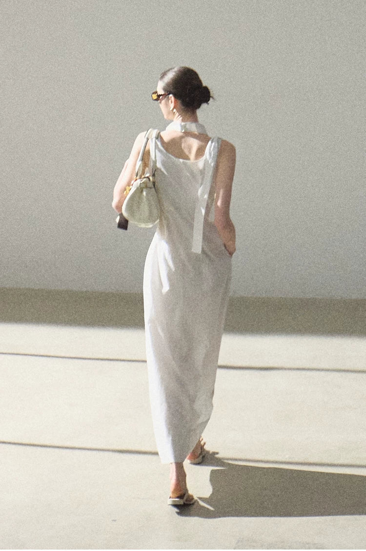 Halterneck Cotton Cinched-Waist Maxi Dress