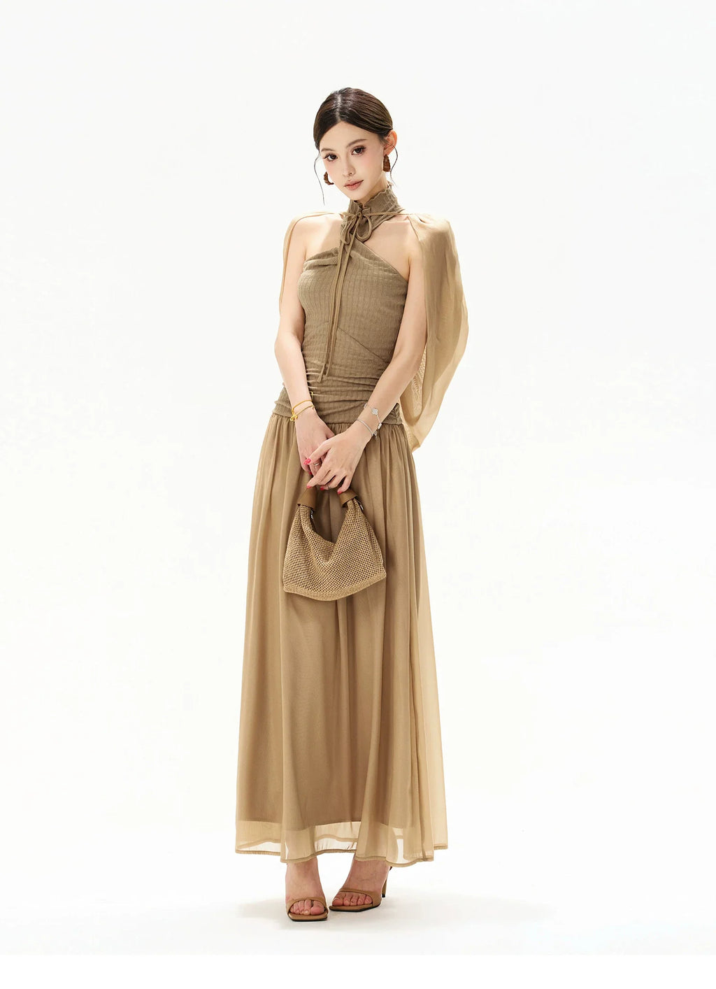 French Court Halter Draped Knit Maxi Dress