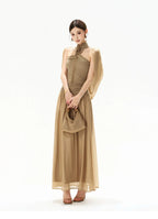 French Court Halter Draped Knit Maxi Dress