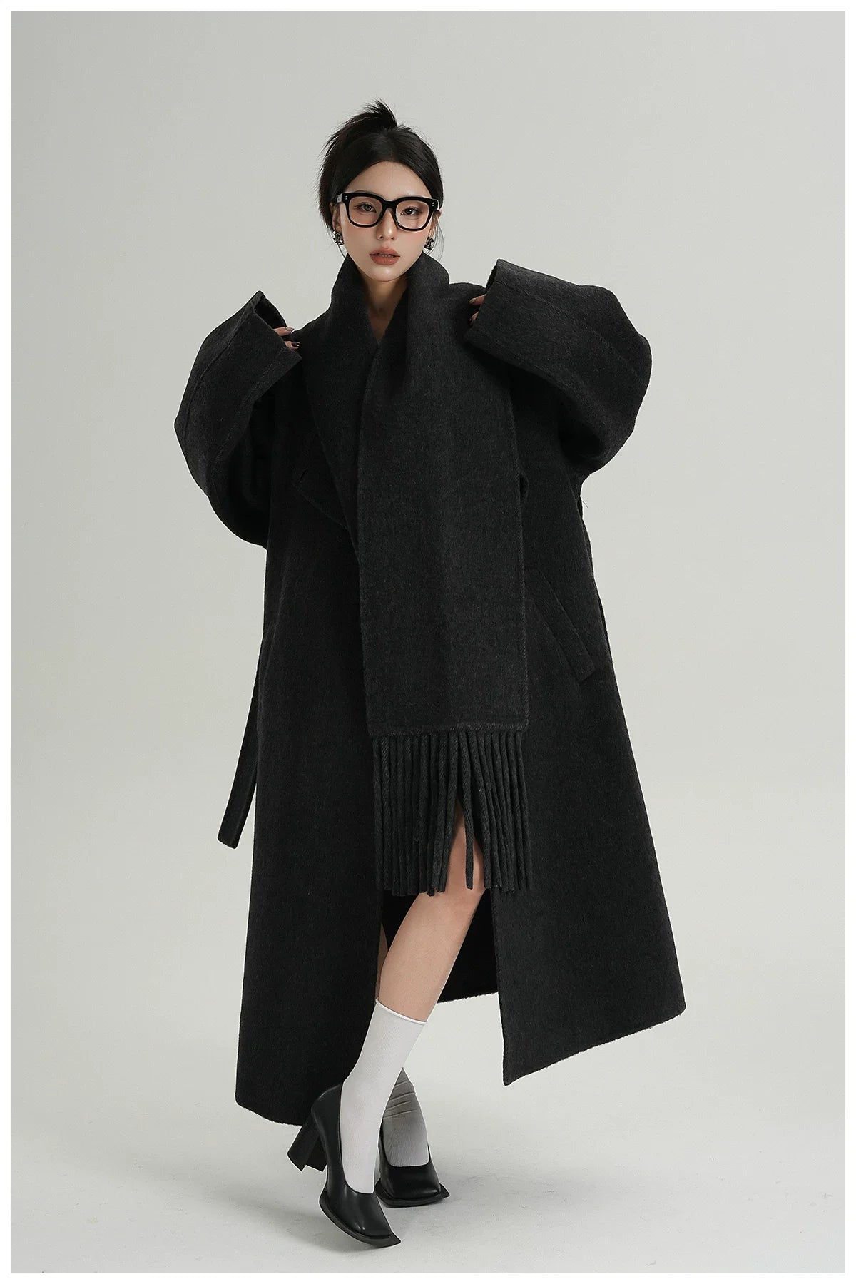 Fringe-Detail Wool Scarf-Style Long Coat
