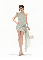 Asymmetric One-Shoulder Floral Chiffon Mini Dress with Draped Ties