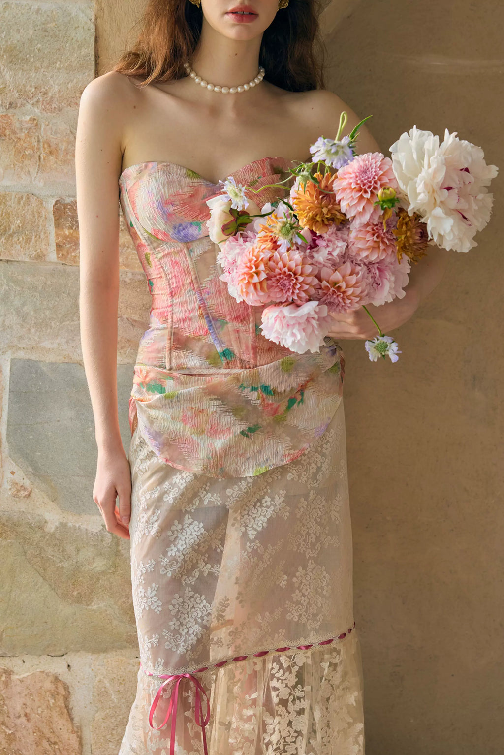 Romantic Oil-Paint Lace Corset Top & Skirt Set