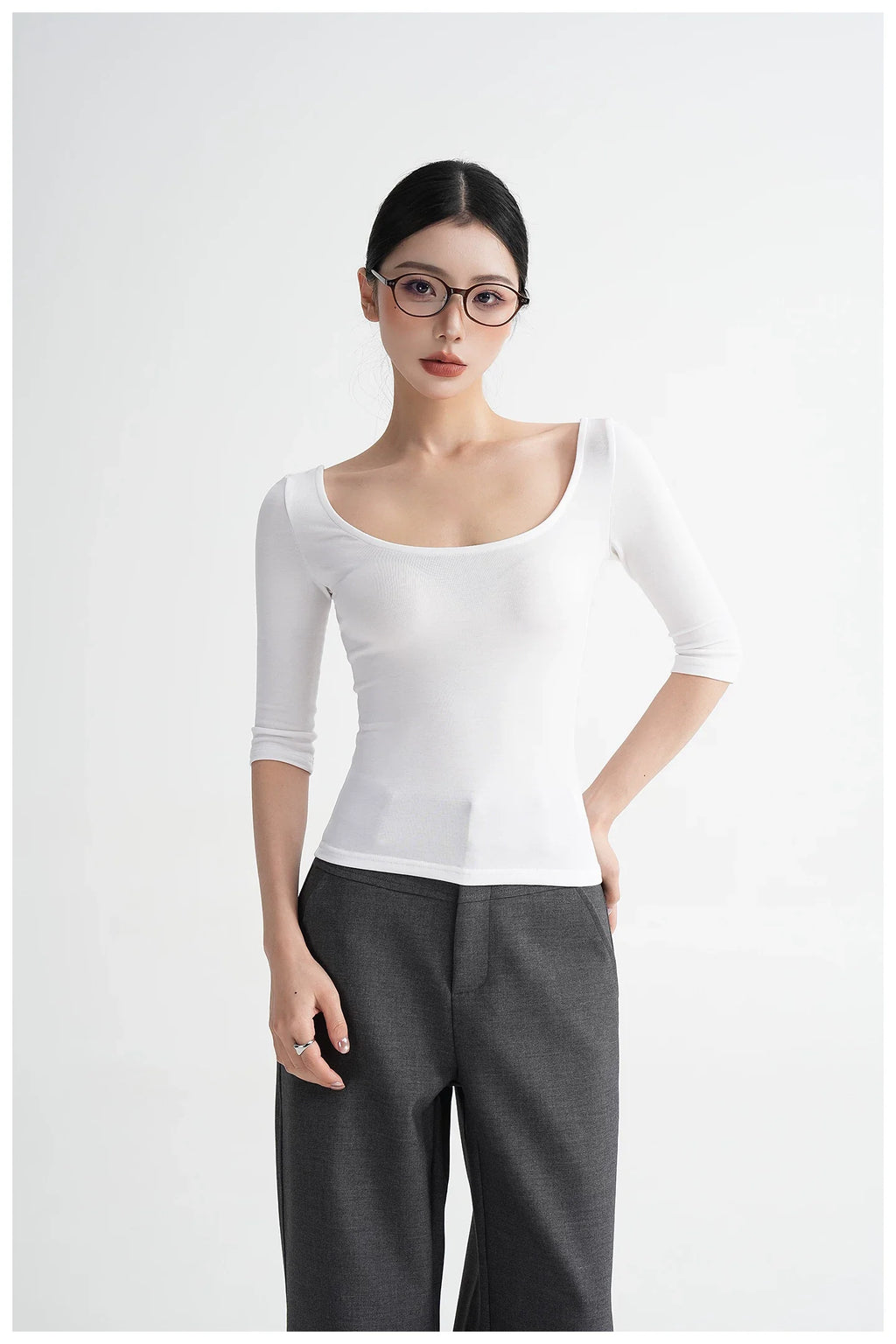 Lyocell Open-Back Fitted Mid-Sleeve T-Shirt