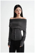 Neck Off-Shoulder Fitted Long Sleeve T-Shirt