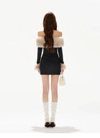 Off-Shoulder Fur-Trim Knit Mini Dress