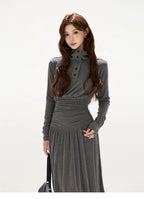 Pleated Waist-Defining A-Line Maxi Dress
