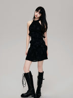 Textured Cut-Out Floral Halter Mini Dress