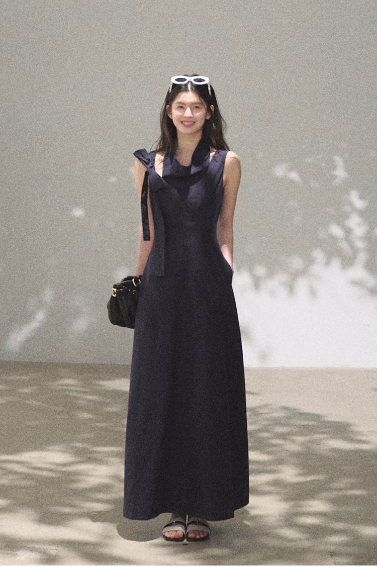 Halterneck Cotton Cinched-Waist Maxi Dress