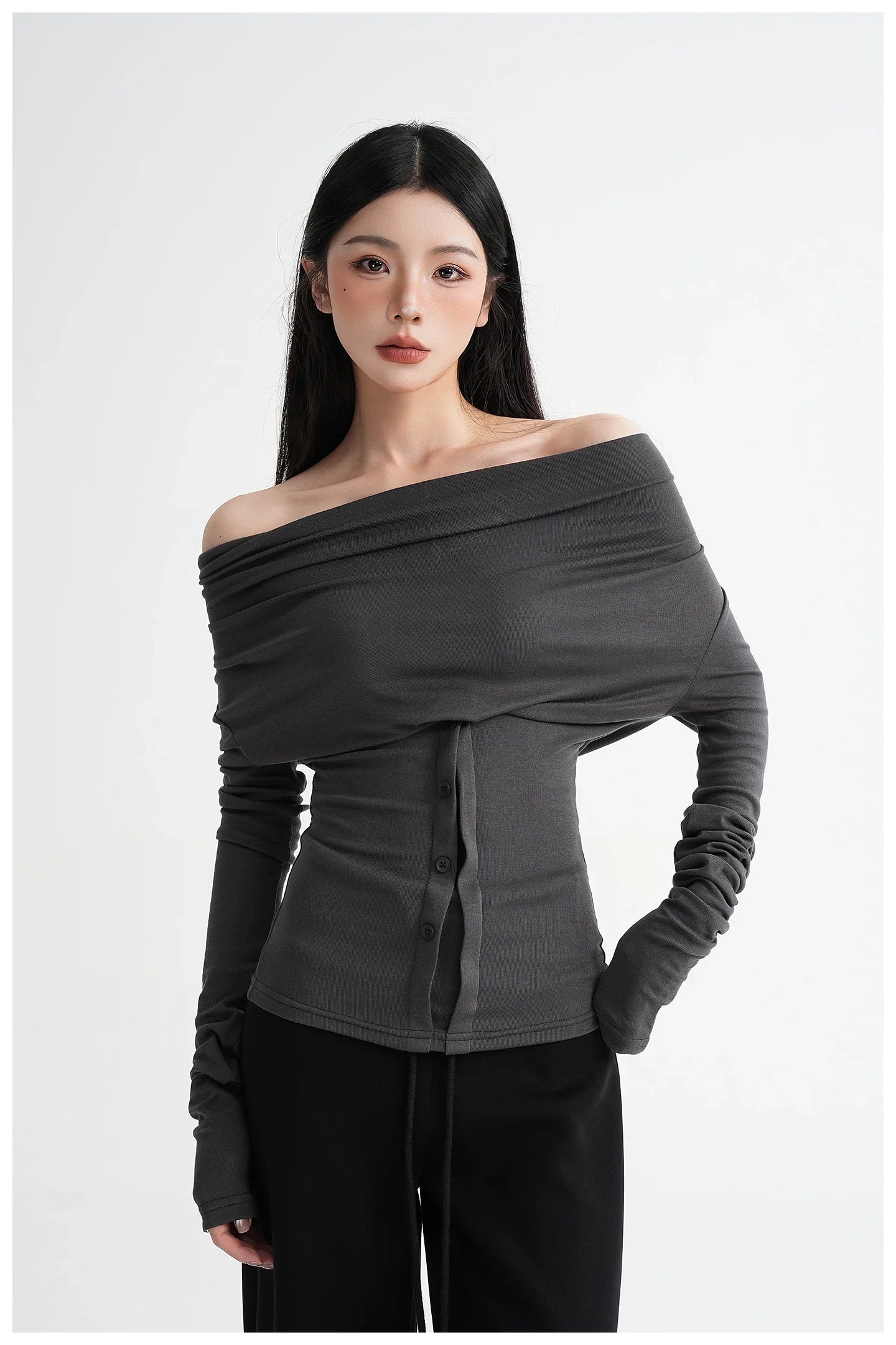 Neck Off-Shoulder Fitted Long Sleeve T-Shirt