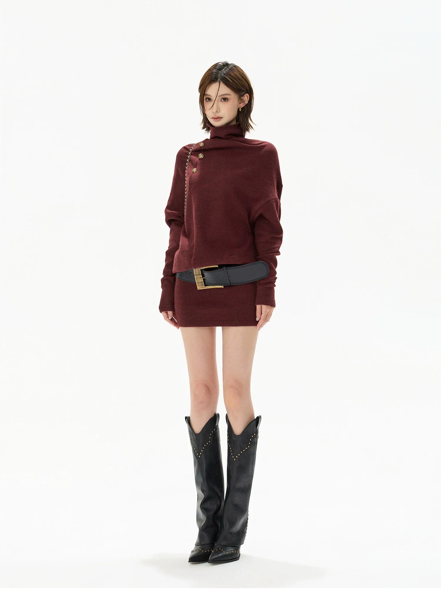 Cowl-Neck Batwing Sleeve Knit Mini Dress