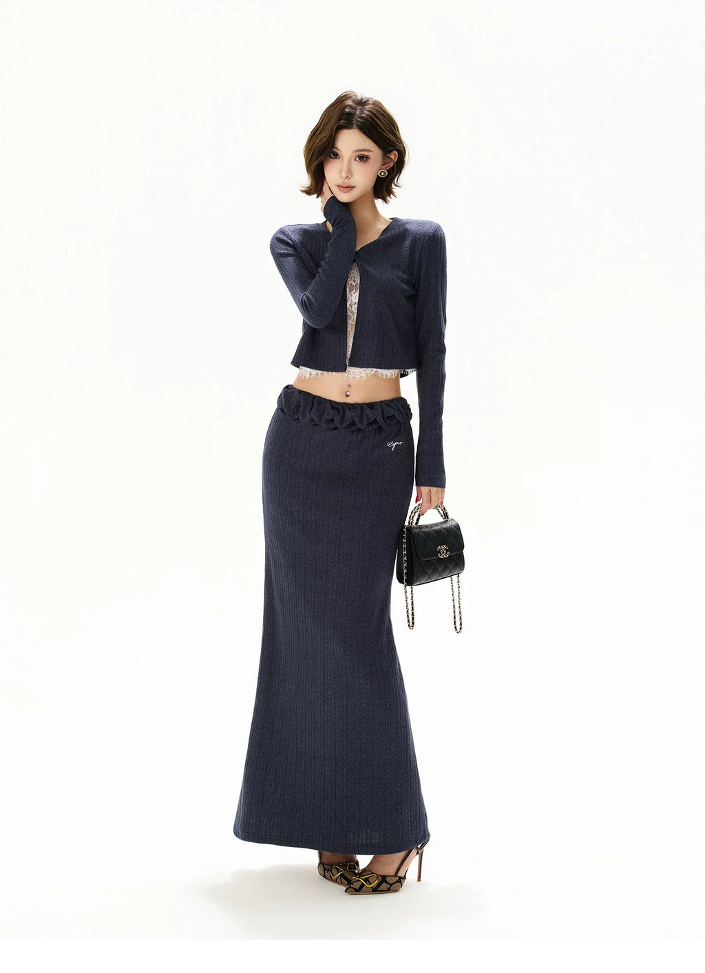 Navy Lace Panel Two-Piece Knit Set