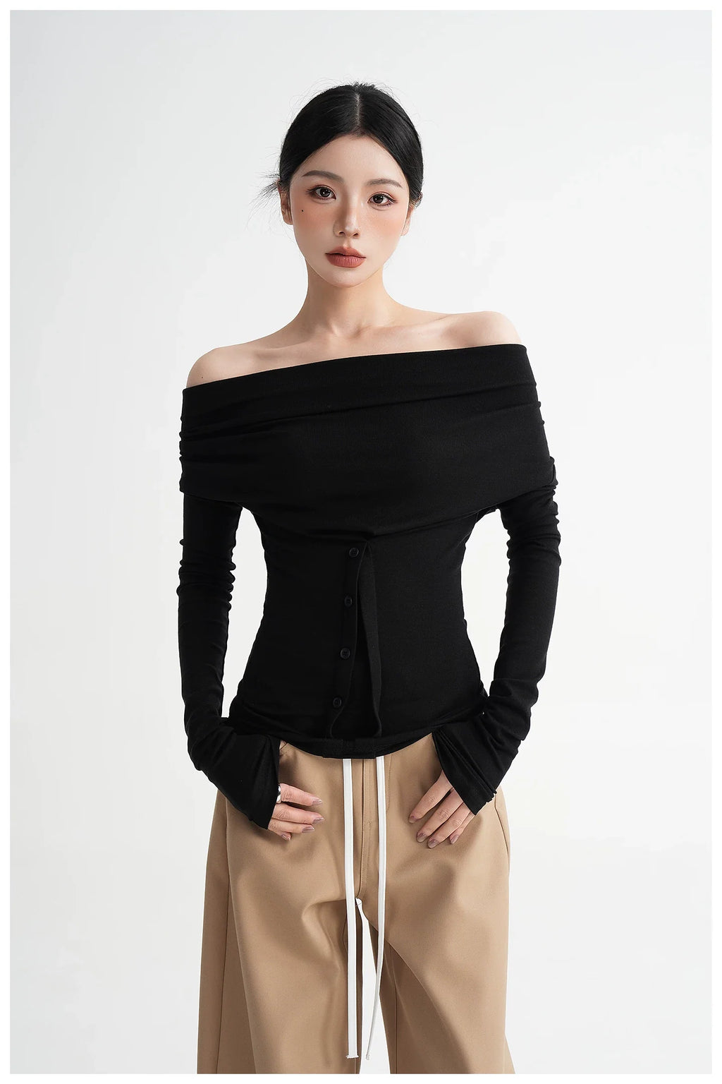 Neck Off-Shoulder Fitted Long Sleeve T-Shirt