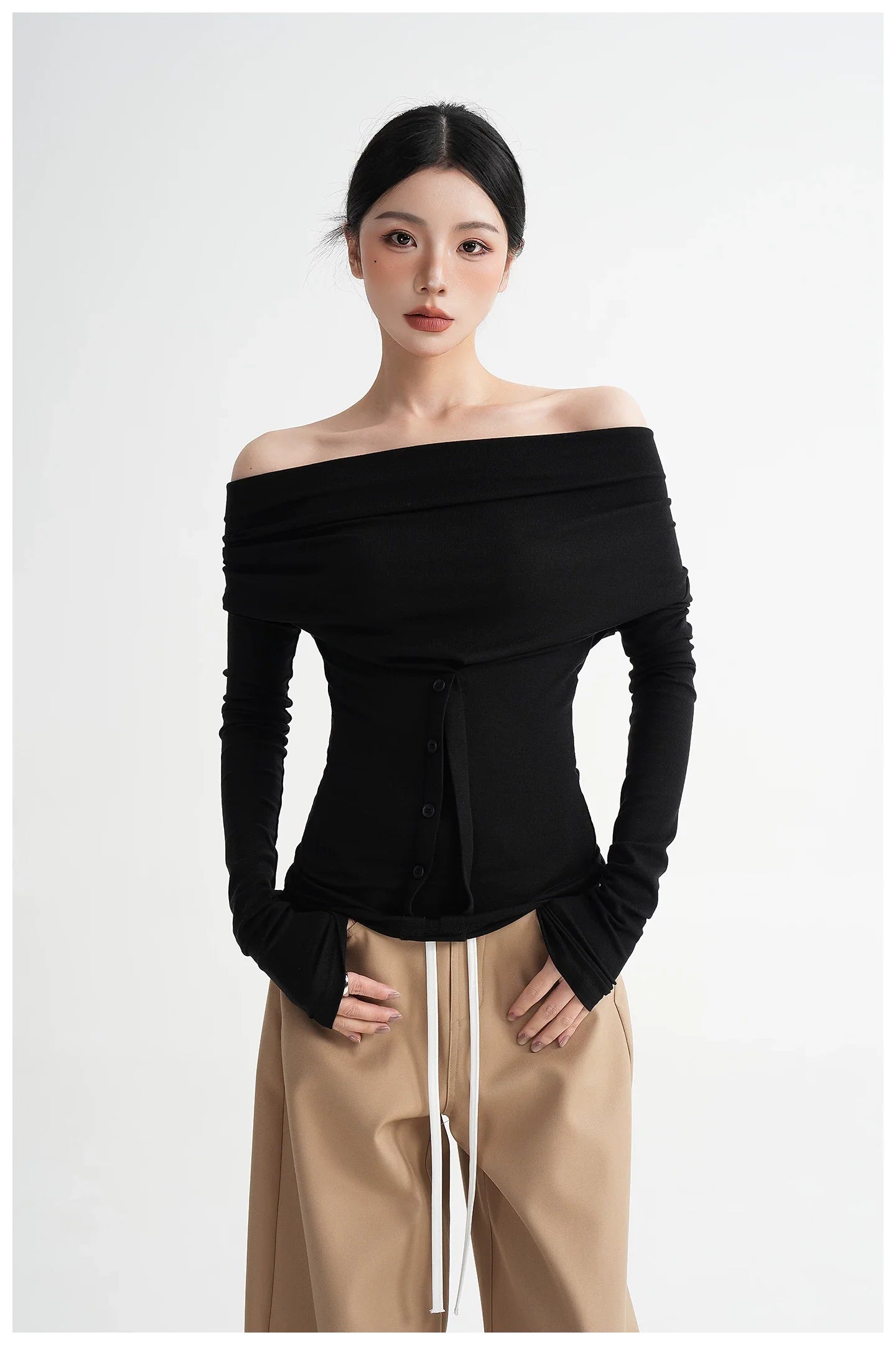 Neck Off-Shoulder Fitted Long Sleeve T-Shirt