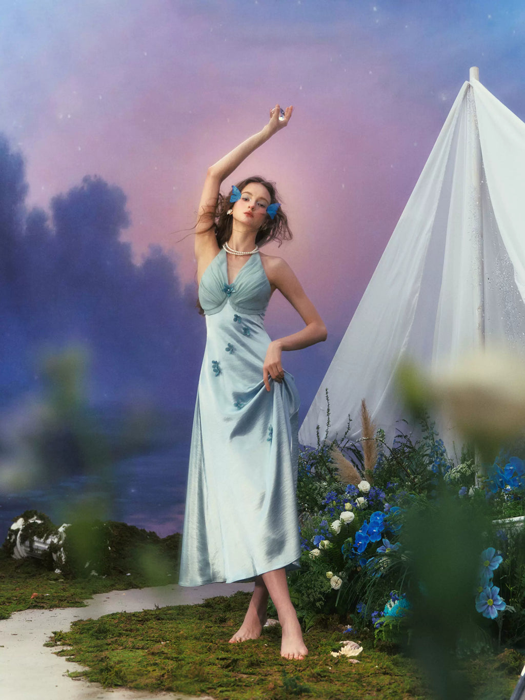 French Resort Halter Blue Floral Satin Dress
