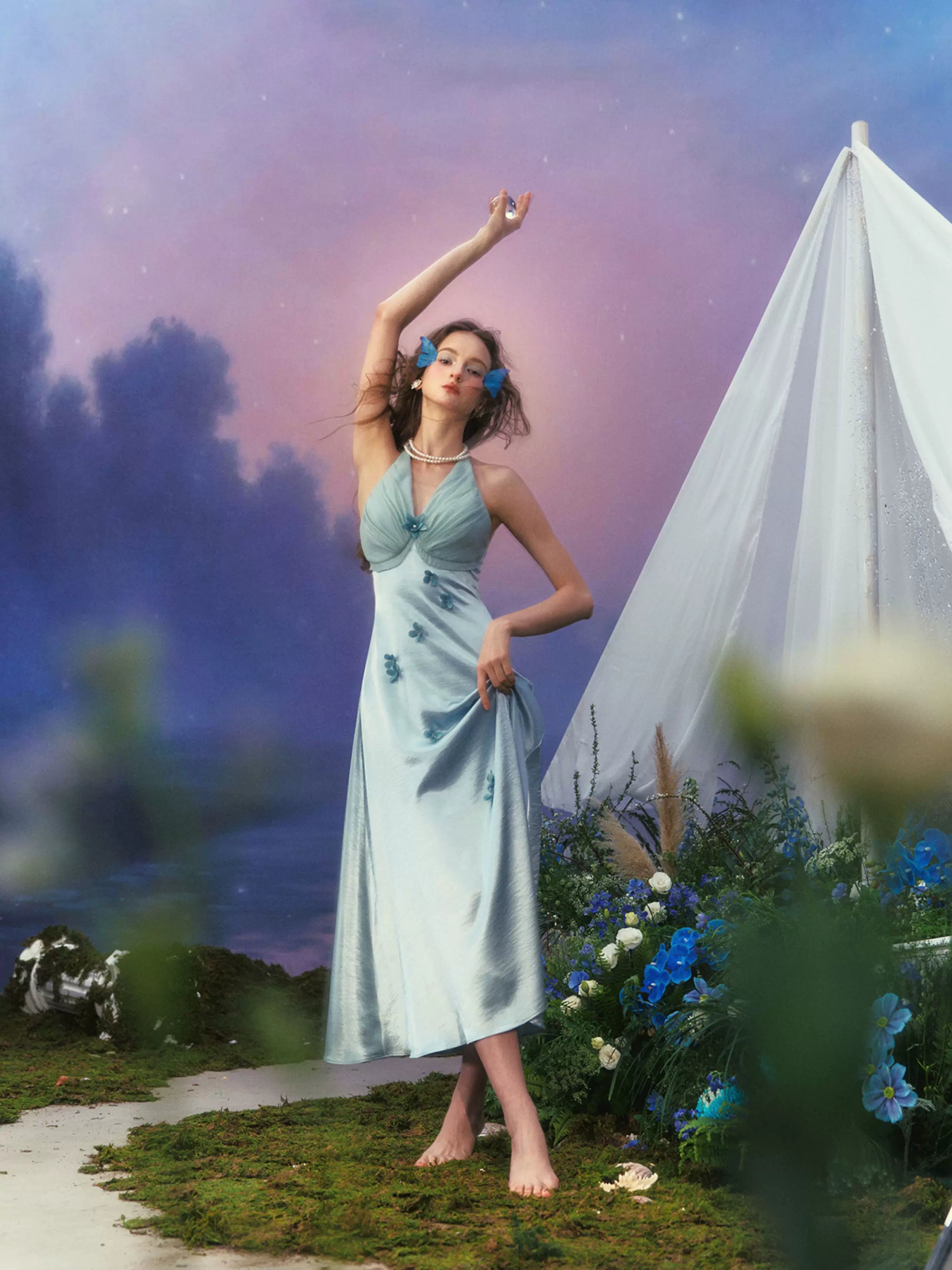 French Resort Halter Blue Floral Satin Dress