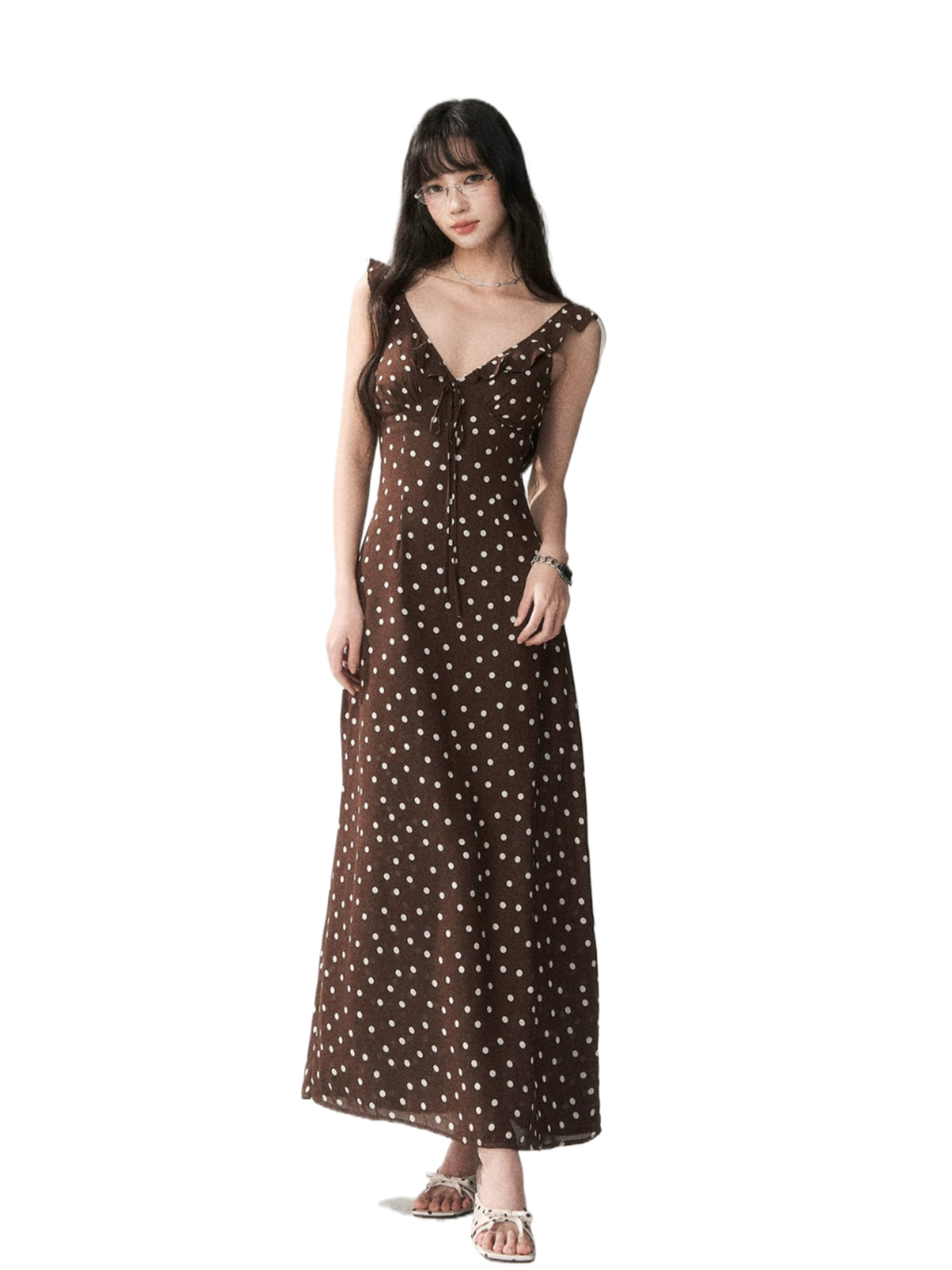 Chocolate Polka Dot French Slim-Fit Slip Maxi Dress