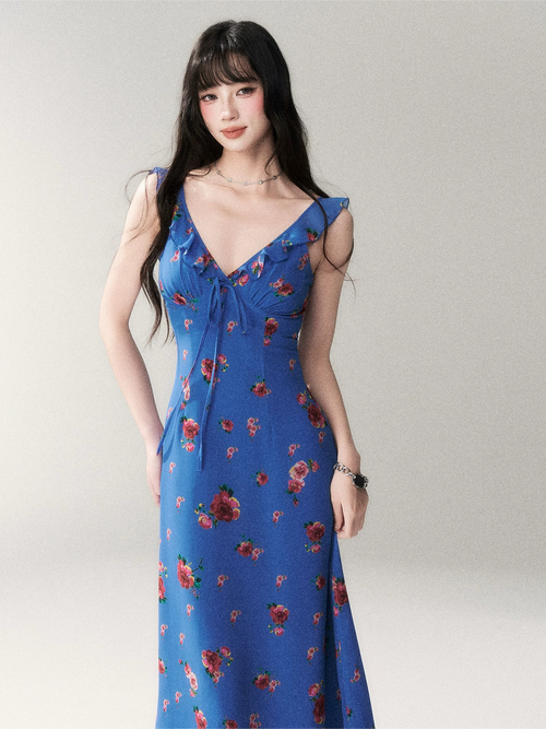 Blue Rose V-Neck Resort Maxi Dress