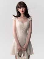 Cream White Lace-Panel Slim Fit Textured Dress
