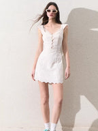 Cream White Lace-Panel Slim Fit Textured Dress