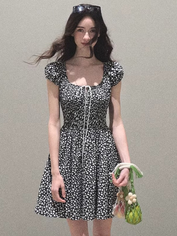 Botanical Graffiti Cotton Ruched Tie Dress