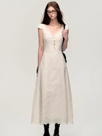 Cream White Lace-Panel Slim Fit Textured Dress