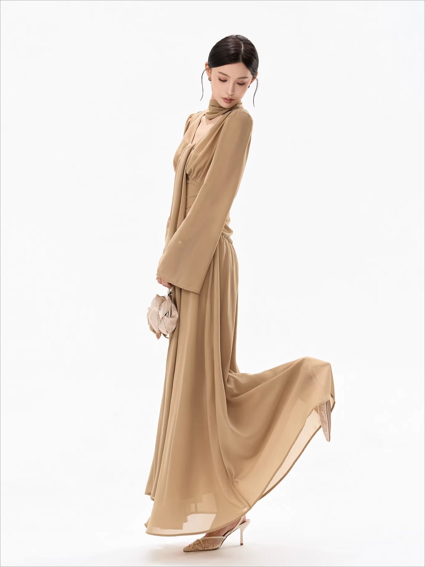 French Ribbon-Tie V-Neck Chiffon Maxi Dress