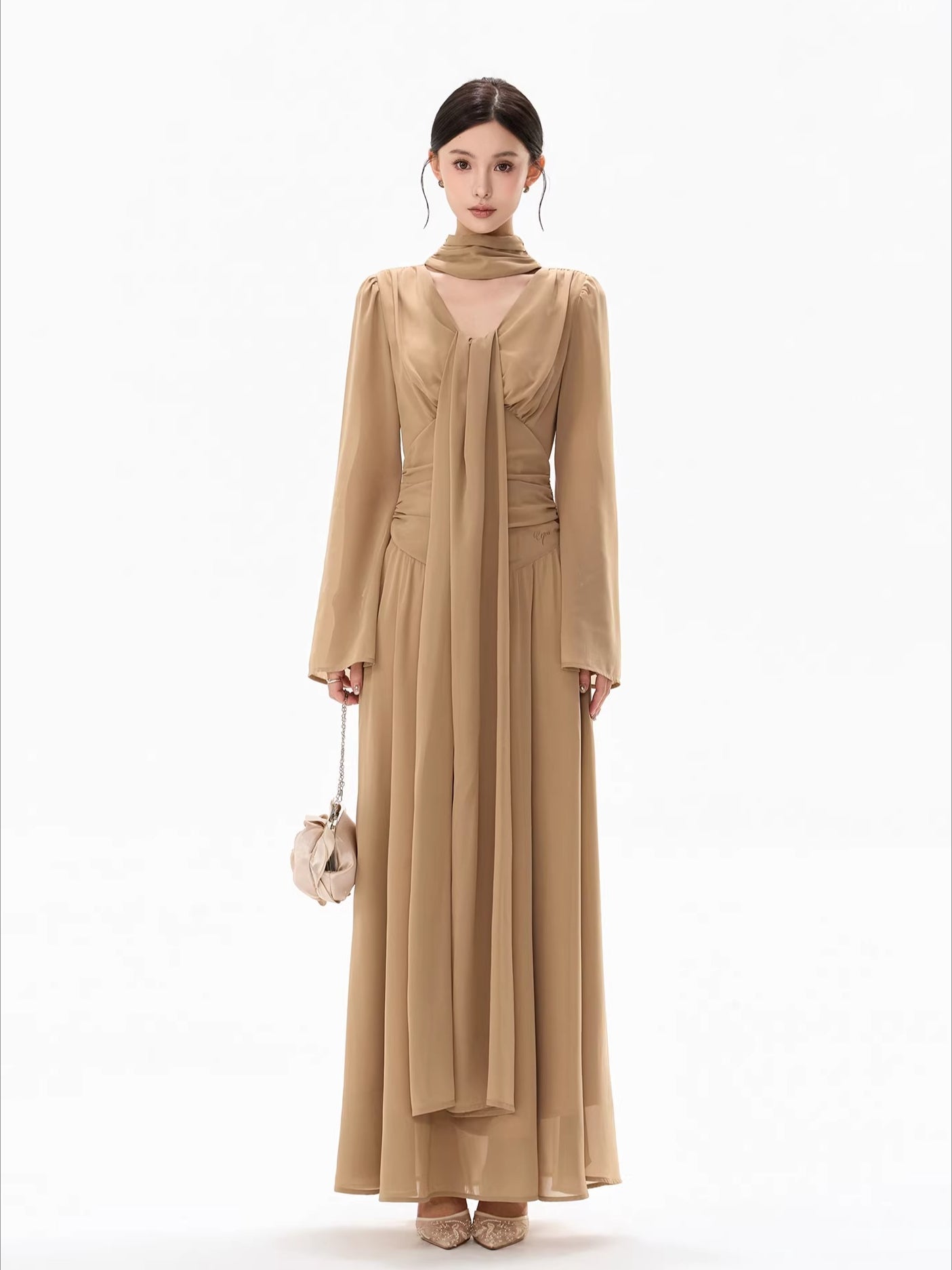 French Ribbon-Tie V-Neck Chiffon Maxi Dress