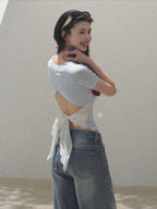 Turn-Back Glance Bow Backless Slim-Fit T-Shirt