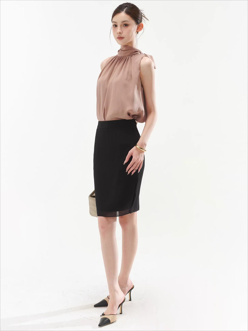 Sleeveless Drape Top & High-Waist Straight Midi Skirt Set
