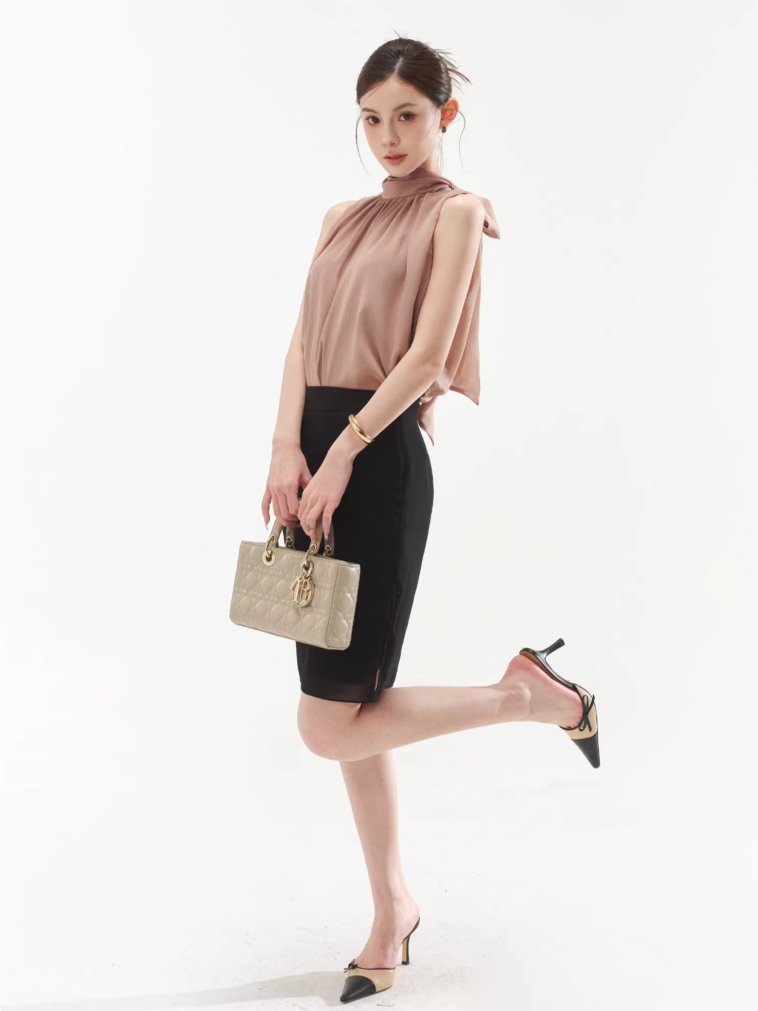 Sleeveless Drape Top & High-Waist Straight Midi Skirt Set