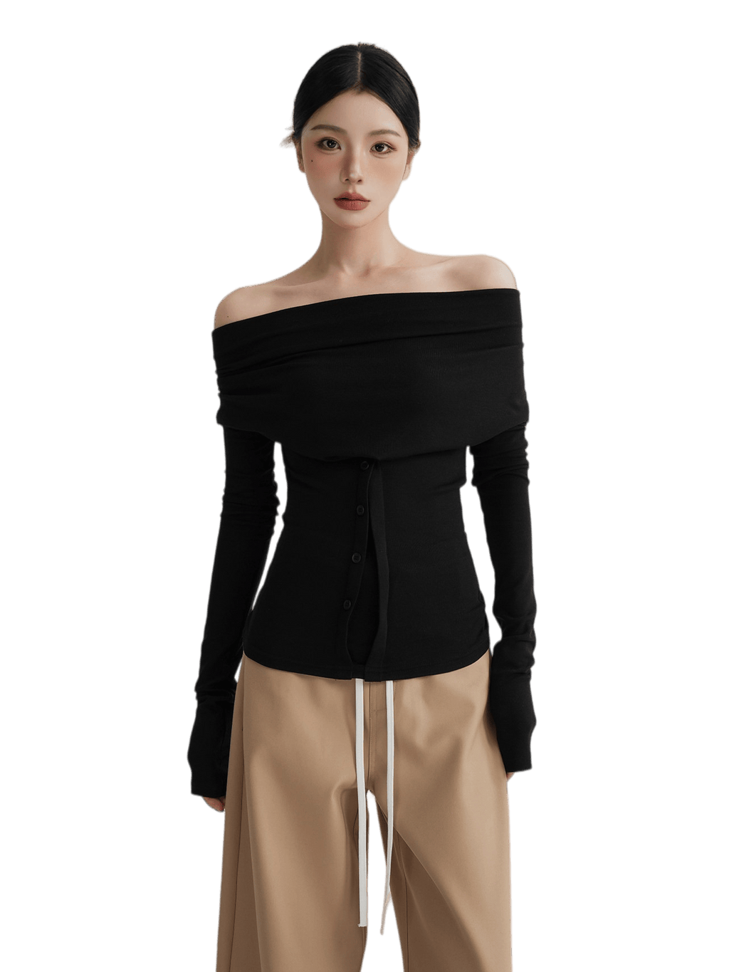 Neck Off-Shoulder Fitted Long Sleeve T-Shirt