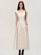 Cream White Lace-Panel Slim Fit Textured Dress