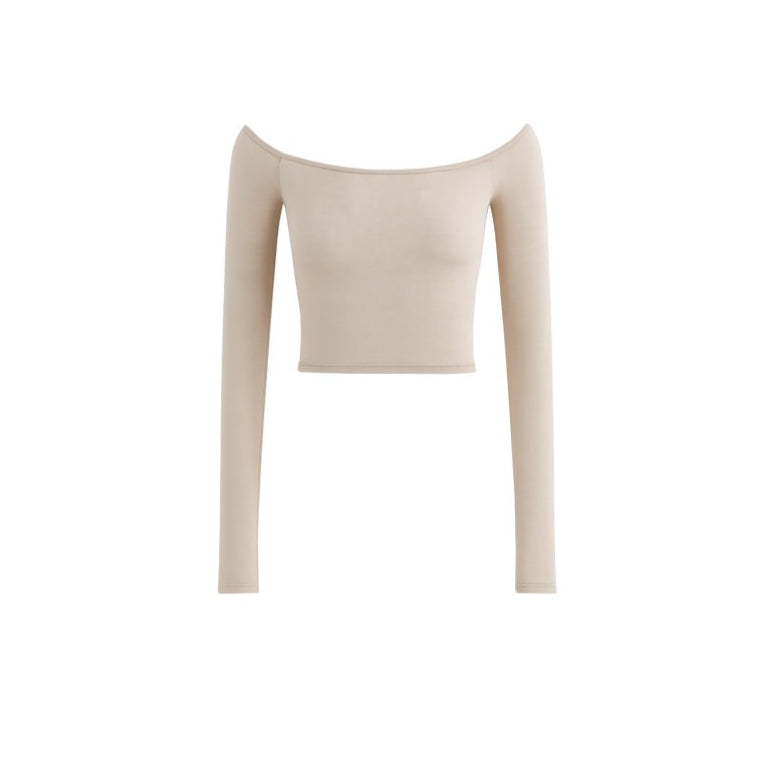 Off-Shoulder Cropped Fitted Long Sleeve T-Shirt