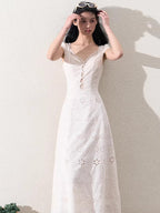 Cream White Lace-Panel Slim Fit Textured Dress