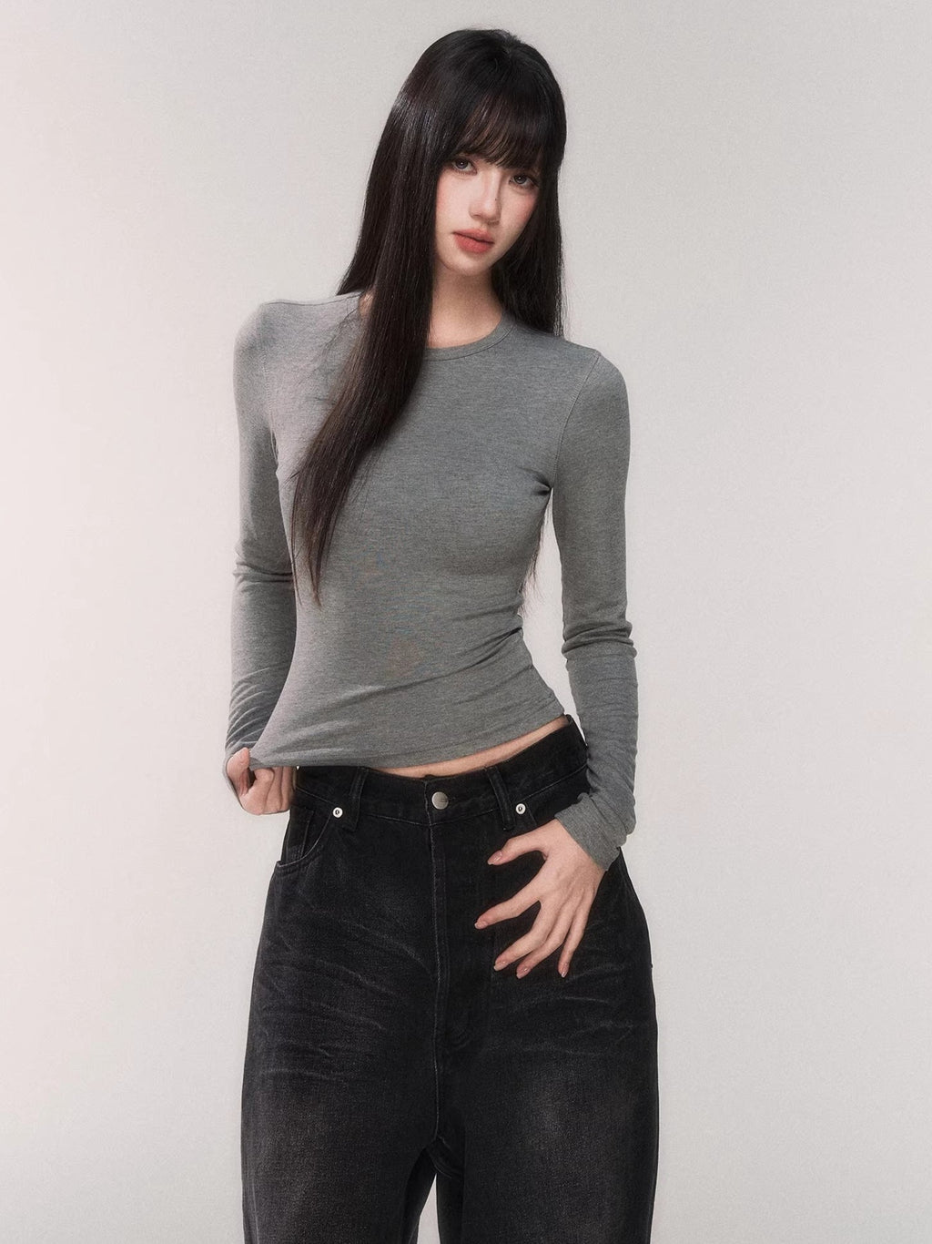 Waist-Cinching Long-Sleeve Crewneck Base Tee