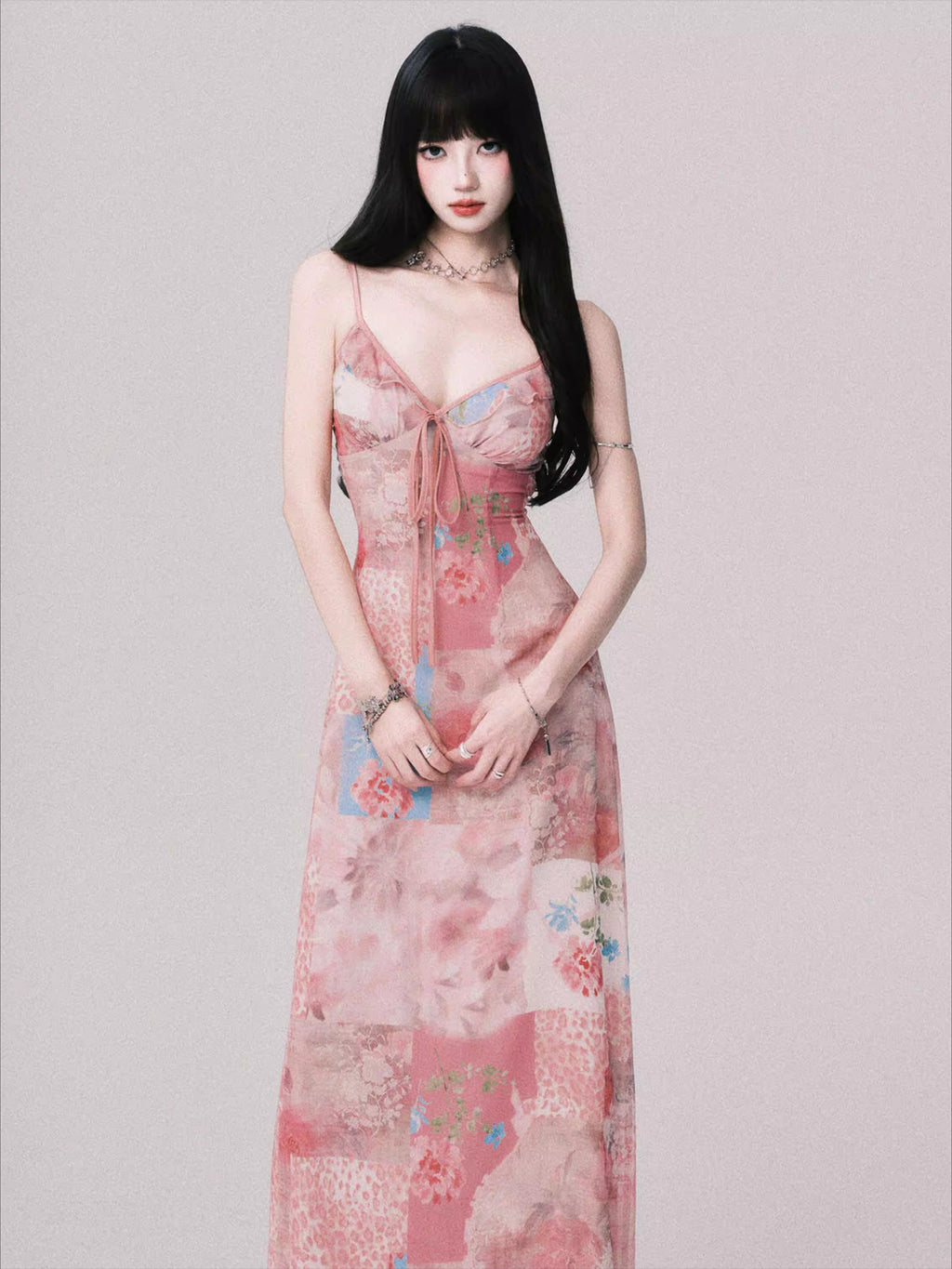 Floral V-Neck Spliced Print Slip Dress