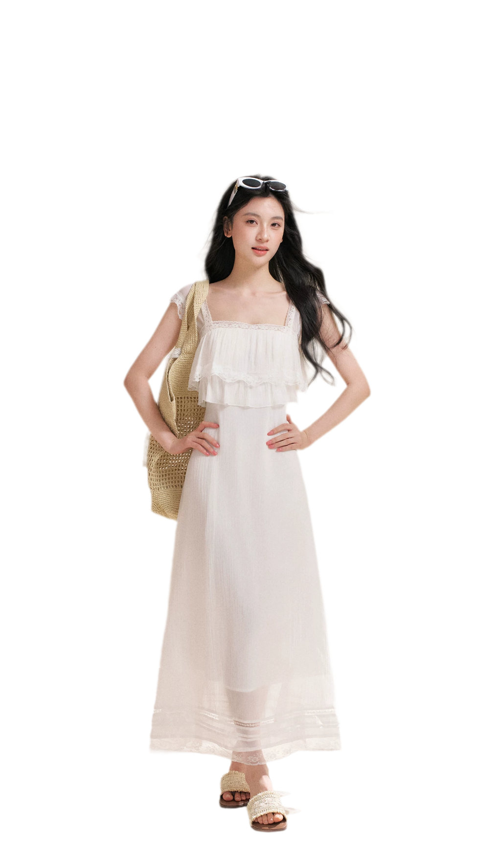 Lace Ruffle Waist Long Dress